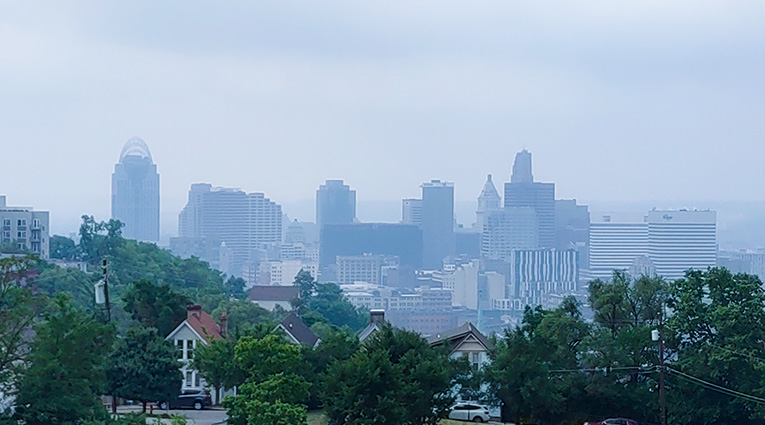 Smoke from Canadian wildfires blankets the Cincinnati skyline with haze in June 2023