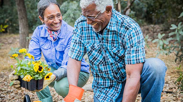 Couple planting flowers