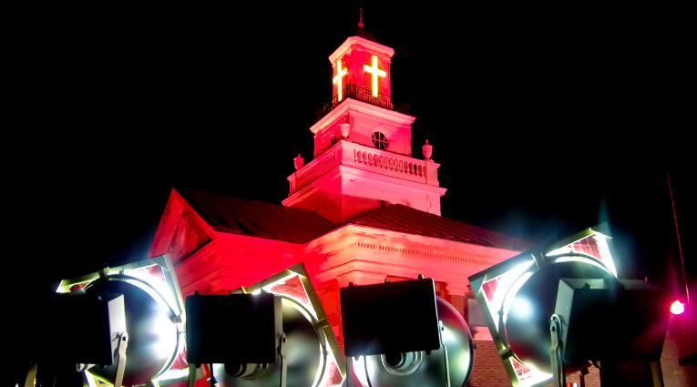 The Christ Hospital Tower is lit red for American Heart Month in February
