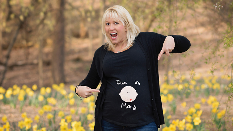 Q102's Jennifer Frisch wearing Due in May shirt