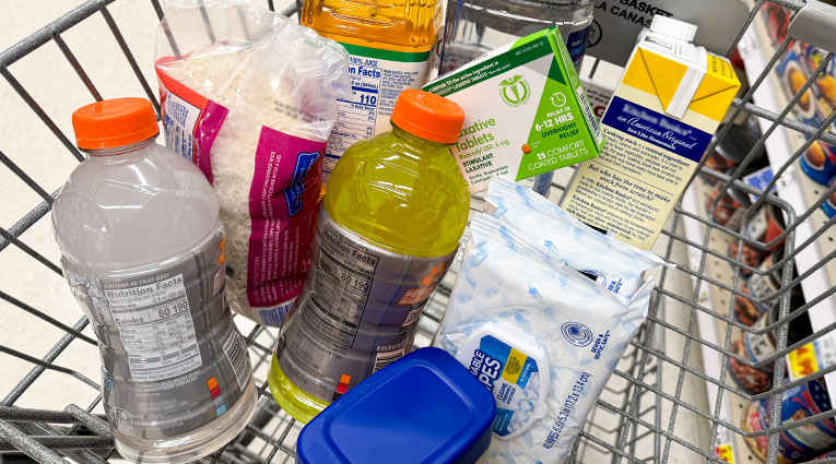 Grocery cart with supplies for colonoscopy prep