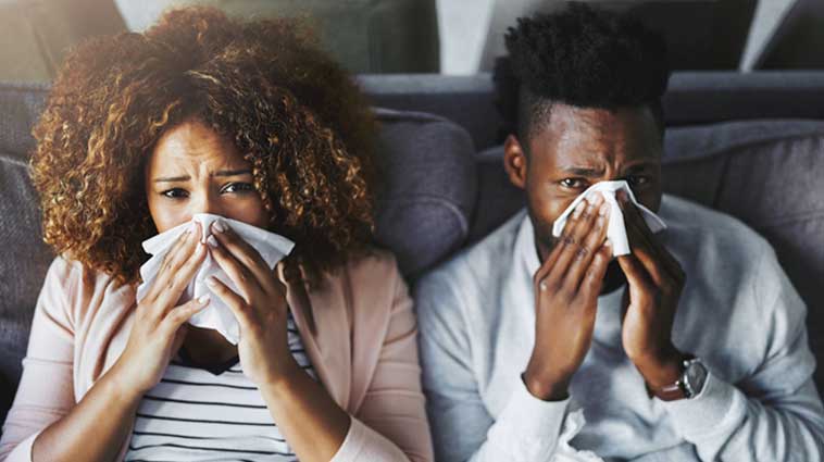 African American man and woman suffering from a cold or allergies, holding tissues over their noses.