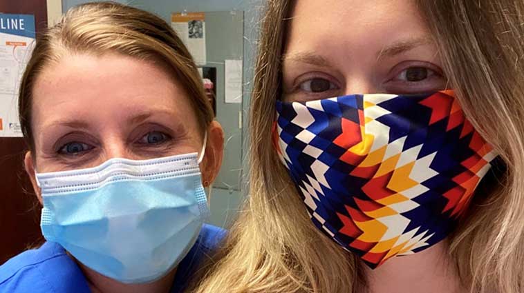 OBGYN Kimberly Russell, MD, and Amanda Valentine mask up for Amanda's IUD replacement.