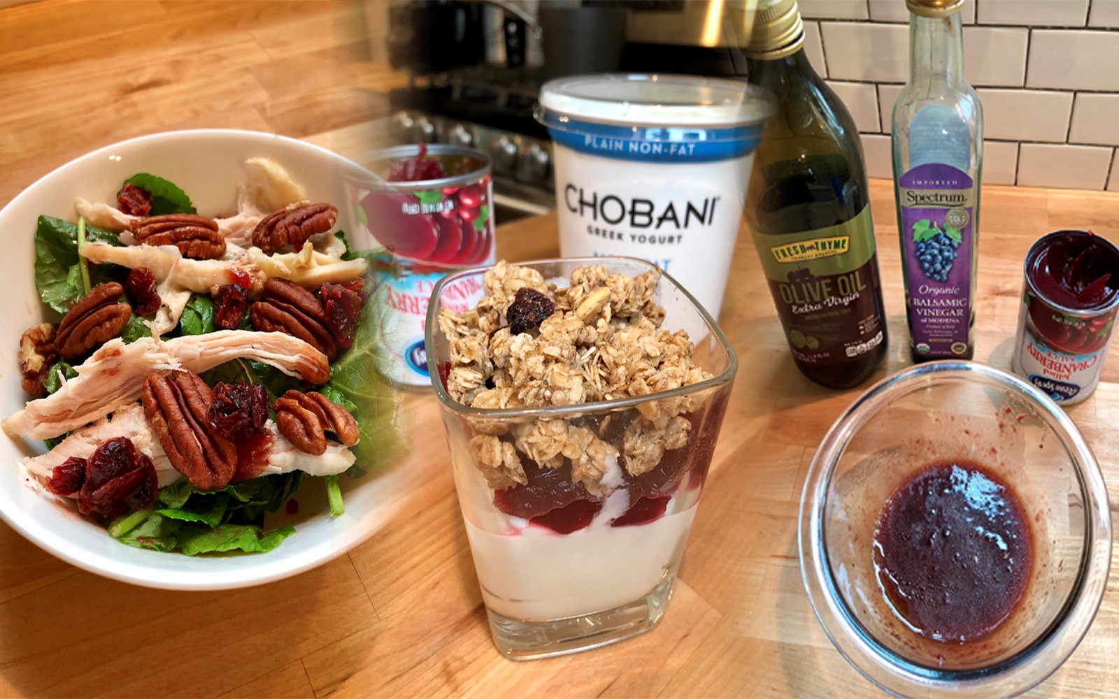 Collage of Thanksgiving leftover recipes: salad with turkey, yogurt and granola with cranberry, and salad dressing.