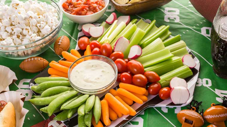 Healthy Super Bowl party food spread