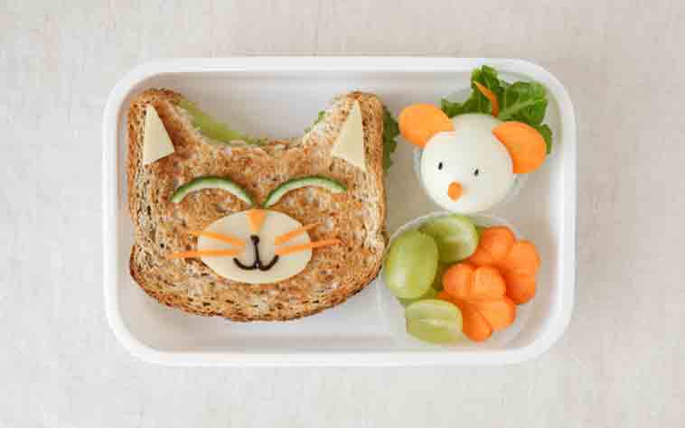 Healthy kids snack ideas  - sandwich shaped like a cat, hard-boiled egg shaped like a mouse, and sliced grapes and carrots.