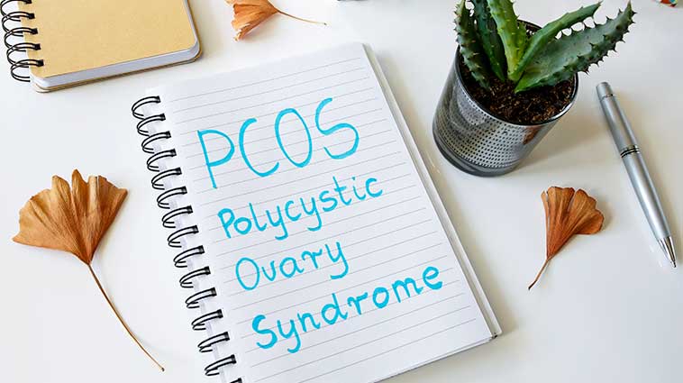 Notepad on desk with PCOS written on it. 