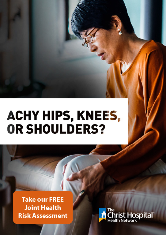 Link to take free Joint Health Risk Assessment shows woman with sore knee and text "Achy hips, knees, or shoulders?"