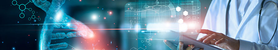 Physician holding tablet computer with medical and genetic imagery on dark background