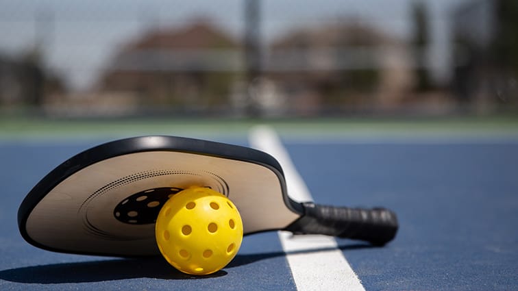Pickleball and paddle laying on court