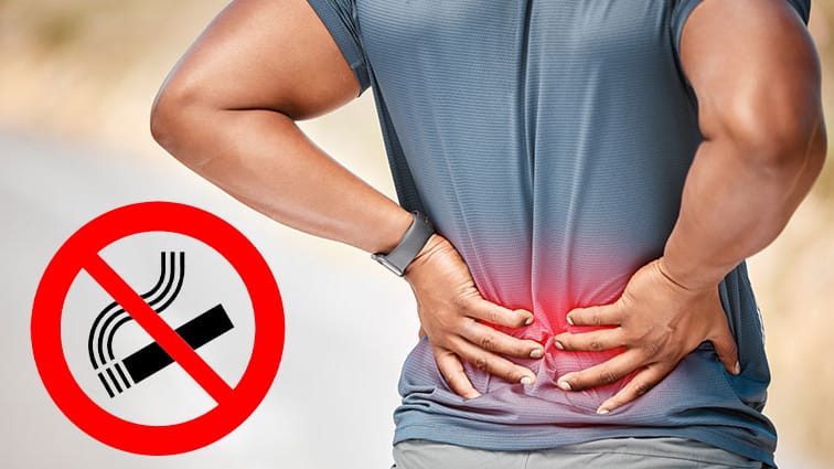 person with lower back pain and universal no smoking symbol