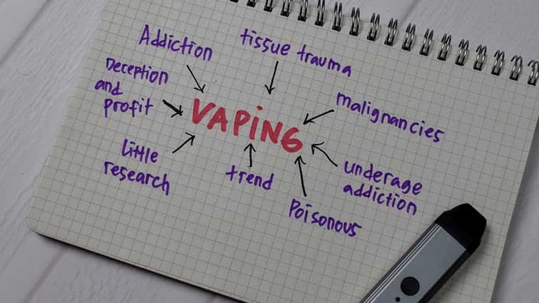 Notepad with charge noting the dangerous effects vaping has on your health.