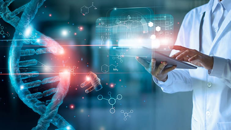 Physician holding tablet computer with graphic representations of DNA